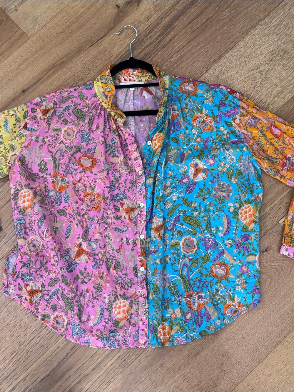 Patchwork Floral Button-Front Blouse - Pink, Blue & Yellow
